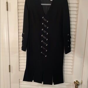 Sumiko Vintage Angled Rhinestone Black Lace-Up Front Sleeves V-Neck Midi Dress